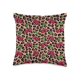 Cherry Cheetah Leopard Print McBling Bimbo Coquette Animal Throw Pillow