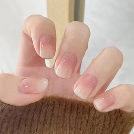 24Pcs Acrylic Press on Nails Short Square Fake Nails RUPOFUZA False Nails with Pink Ombre Press ons Designs Nails Press on Artificial Nails Stick on Nails for Women