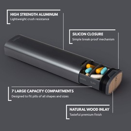 HIGHERHUMAN 7 Day Weekly Pill Organizer 2.0 by mbarc - Premium Stylish Aluminum and Wood Large Capacity Pill Box for Supplements, Pills, Vitamins and Medication. (Steel Grey)