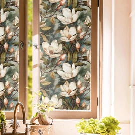 Vintage White Magnolia Floral Green Leaf Stained Glass Window Films Decorative Double-Side Privacy Film Self-Adhesive Static Glass Clings Stickers for Living Room Bathroom Glass Windows Decor