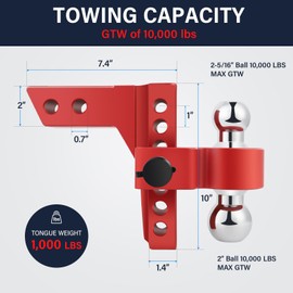 Adjustable Trailer Hitch Ball Mount with Forged Aluminum, Fits 2" Receiver, 6" Drop/Rise Hitch, 2"&2-5/16" Dual Hitch Balls with Two Key-Like Locks, GTW of 10,000 lbs, Red