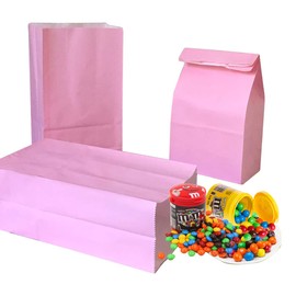 Party Favor Bag 50 pcs Food Safe Paper and Ink, Natural (Biodegradable), Vivid Colored Self-Stand Buffet Bags, Bottom Square Paper Treat Bag. with 60 pcs Stickers 1.5 inch. (Pink)…