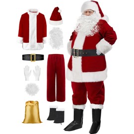 SOMOYA Santa Claus Costume for Men Christmas Santa Suit Deluxe Santa Outfit Plush Velvet Big Tall Plus Size 9 Pcs (X-Large Burgundy)