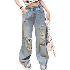 NABER Girls Ripped Jeans Elastic Waist Denim Pants Casual Cool Wide Leg Kids Jeans Age 5-14 (Blue10, 8-9 Years)