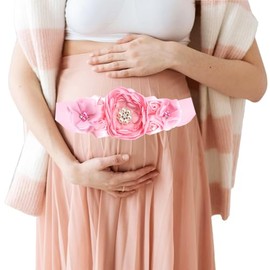 AWOCAN Maternity Pregnancy Flower Sash Belt Women's Bridal Wedding Dress Rhinestone Sash Maternity Sash Belt Pregnancy Flower Belly Sash for Shower Party Gender Reveal Wedding Bride Dress (pink)