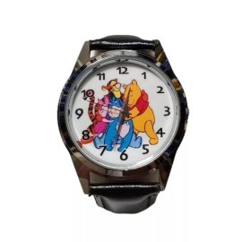 Unbranded Winnie The Pooh And Friends Themed Black Leather Band Wrist Watch