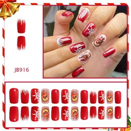 Christmas Press on Nail Red Fake Nails Medium Length Square Press ones with Cartoon Deer Snowflake designs Acrylic Stick on Nails Winter Xmas Glue on Nails Holiday Manicure for Women Girls 24pcs