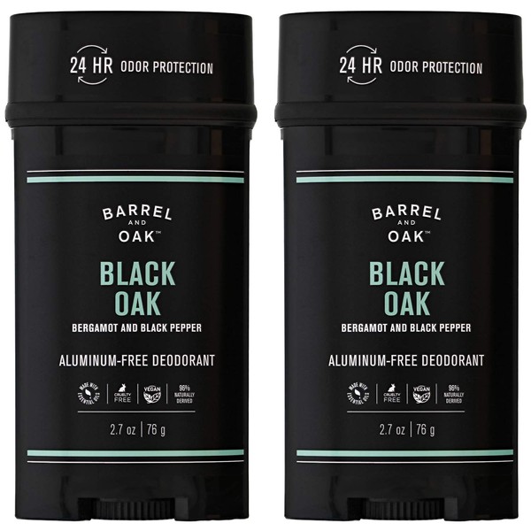 Barrel and Oak - Aluminum-Free Deodorant, Deodorant for Men, Essential Oil-Based Scent, 24-Hour Odor Protection, Warm Oak & Spicy Bergamot, Gentle on Sensitive Skin, Vegan (Black Oak, 2.7 oz, 2-Pack)
