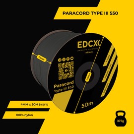 EdcX 4mm Nylon Paracord 550 50m (165 feet) - Type III, 100% Nylon Rope, 7 Strand Rope, 4mm Nylon Rope in Solid Colors (Black, 50 m)