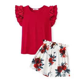 Arshiner Girls Short Sets 2 Piece Summer Outfits Cute Short Sleeve T Shirts and Casual High Waist Paper Bag Shorts,Red,6-7 Y