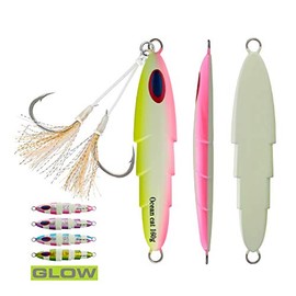 OCEAN CAT 1 PC Lead Metal Flat Slow Fall Pitch Fishing Jigs Lures Sinking Vertical Jigging Bait with Butterfly Hook for Saltwater Fishing (Pink&Yellow, 80g)