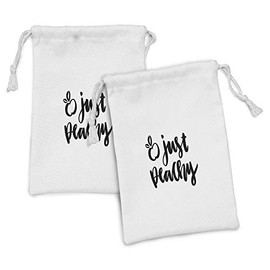 Lunarable Just Peachy Fabric Pouch Set of 2, Monochrome Calligraphic Illustration of Cursive Lettering Words, Small Drawstring Bag for Toiletries Masks and Favors, 9" x 6", Charcoal Grey White