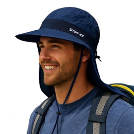 TOP-EX Cooling Sun Hat for Men Wide Brim Neck Flap UV 50 Foldable Breathable Cap for Hiking Fishing Gardening Adjustable Chin Strap Navy M/L