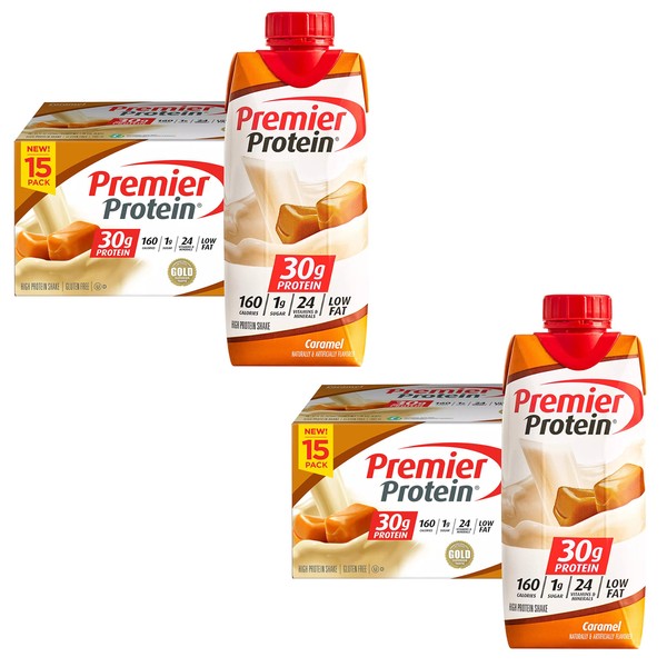 Premier Protein High Protein Shake, Caramel - 160 Calories - 24 Vitamins & Minerals - 30 g Protein - Ready Set Gourmet Donate a Meal Program - 2 Case (11 fl. oz, 15 pk Each)