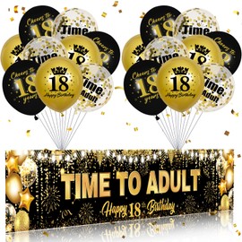 18th Birthday Party Decorations for Boys Girls Black Gold Time To Adult Happy 18th Birthday Banner and 18pcs Happy 18th Birthday Balloons Black Gold 18th Birthday Yard Sign Party Supplies
