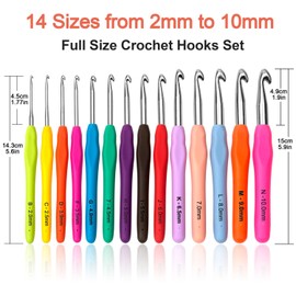 Crochet Hook Set of 14 Colourful Ergonomic Soft Rubber Comfort Grip Crochet Knitting Needles Kit Household Tool with Portable Bag