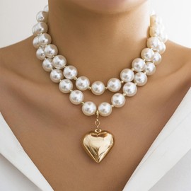 Pearl Necklace Chunky Gold Silver Bib Necklace for Women Statament Layered Ball Beaded Choker Necklace Thick Gold Heart Collar Necklace Big Pearl Necklaces Set Prom Wedding Jewelry Gifts for Brides(Layered Gold)