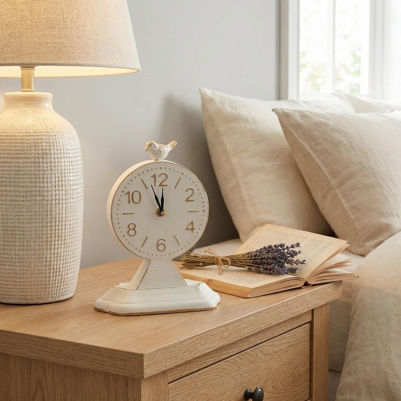 Vintage 10-Inch Cream White Table Clock with Bird Sculpture, Rustic