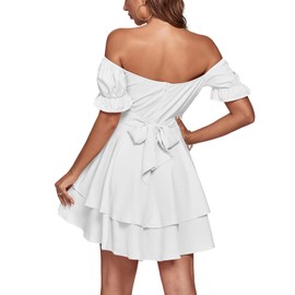 LYANER Women's Tie Back Off Shoulder Wrap Layer Ruffle Short Sleeve Mini Dress White XX-Large