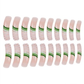 Long Curved Press on Nails Green Waves French Tip Fake Nails Square False Nails with Curved Nail Tips Designs Extra Long Nail Press ons Sparkly Artificial Nails Cute Stick on Nails for Women 20Pcs