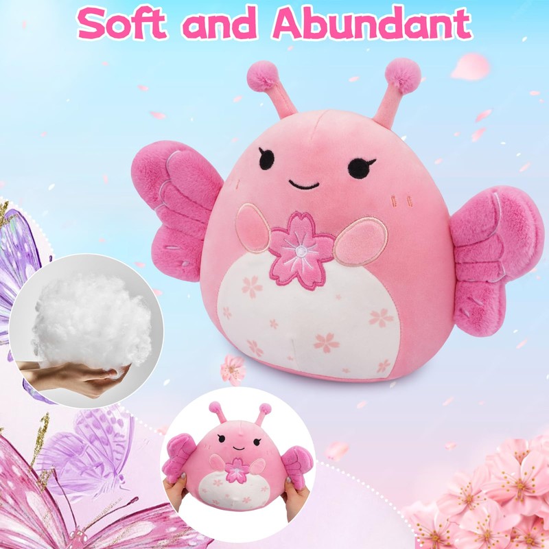 Mowatusy Spring Stuffed Animal Plush,Soft Butterfly Plush Wings Holding Sakura,Cute