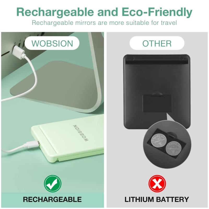 WOBSION Lighted Compact Mirror, Rechargeable Travel Makeup Mirror with Light,1x/3x