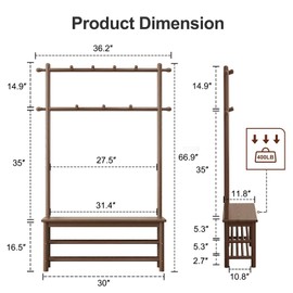 AQIMUELE Coat Rack with Shoe Storage, Wooden Hall Tree with Bench, 11 Hooks and 2-Tier Storage Shelves, 3-in-1, Entryway Bench with Coat Rack (39.3"-Walnut)