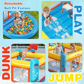 AKEYDIY Bounce House for Kids 3-6, Small Inflatable Bounce House PVC with Basketball Hoop & Hopscotch Game for Indoor/Outdoor Play (Small Bounce House with Ball Pit)