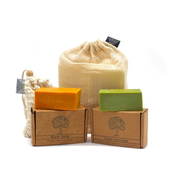 PAOS Bittim Soap Set (Green and Orange) + Sisal Soap Bag + Free Travel Bag, Invigorating Hair Soap, Natural Cosmetics, Vegan, No Chemicals, Traditional, Recommended for Hair Loss