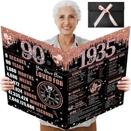 Uiorgui Large 90th Birthday Card for Women with Envelope, Black Rose Gold Happy 90th Birthday Guest Book Gifts Jumbo Ninety Greeting Card Back in 1935 Decorations Party Supplies