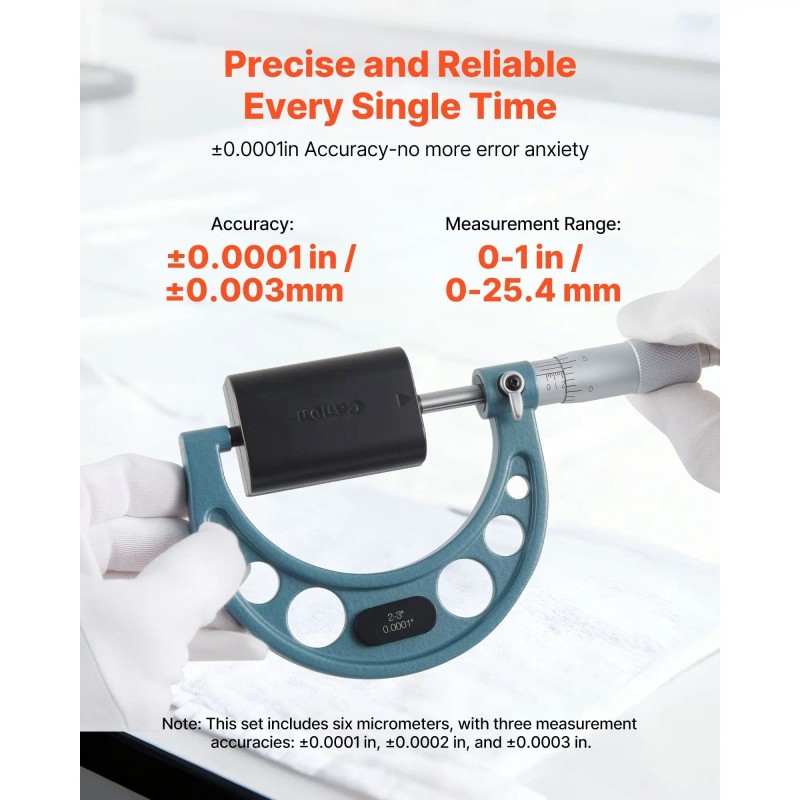 6 PCS Machinist Micrometer Set 0-1"/1-2"/2-3"/3-4"/4-5"/5-6" Professional with 0.0001 Precision