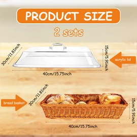 2 Pcs Rattan Bread Basket 15.7 x 11.8 Inch Woven Imitation Rattan Fruit Basket with Acrylic Lid Wicker Bread Basket for Serving with Cover Food Vegetable Display Storage Baskets for Kitchen Restaurant