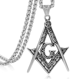 FIZIZDH Stainless Steel Freemason Masonic Pendant Necklace, Unisex, 24 inch Keel Link Chain
