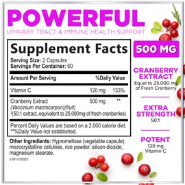 Cranberry Supplement 25,000mg Formula + Vitamin C – Urinary Tract Health Support for Women & Men, 50:1 Whole Fruit Cranberry Extract Pills for Women, Sugar-Free, Non-GMO, Gluten-Free - 120 Capsules