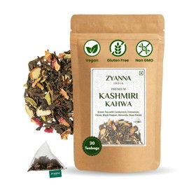 Zyanna Kashmiri Kahwa Green Tea (20 Teabags) - Premium Whole Leaf Herbal Green Tea with Natural Indian Spices Cardamom, Cinnamon, Clove, Almonds, Rose Petals - Brew Hot or Iced-Aromatic, Detox