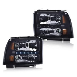 G-PLUS LED DRL Headlights Point Style, Compatible with 2005 2006 2007 Ford F250 F350 F450 F550 Super Duty Headlamp Driver and Passenger Side, Smoky lens Black Housing Amber Reflector