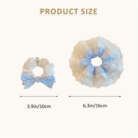 2 Pack Balletcore Polka Dot Scrunchies for Women, Elegant Lace Ruffle Hair Ties for Thick Hair, Light Blue, Cute Small Bow Big Faux Pearl Scrunchies for Vacation Daily Wear (Single Lace Set)