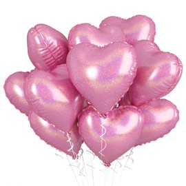Heart Balloons, 10PCS Glitter Pink Heart Shape Balloons Foil, 18inch Pink Heart Balloons for Girls Women Valentines Day, Wedding, Brithday, Baby Shower Party Decorations (Laser Pink)
