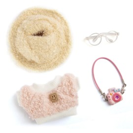 17cm Doll Clothes, Kawaii 4-Piece 17cm Clothes Dolls Outfit Set with Accessories – Pink Diamond Hat + Clear Glasses + Pink Camera + Pink Smily Shirt(Doll Not Included)