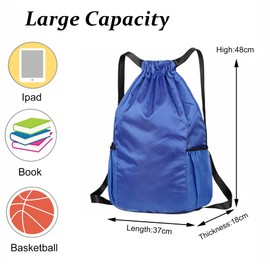 Drawstring Bag, Unisex Large Sports Backpack String Drawstring PE Bags, Sport Gym Sack have Two Side Pockets, Travel Beach Swim School Bag with Waterproof (Royalblue)