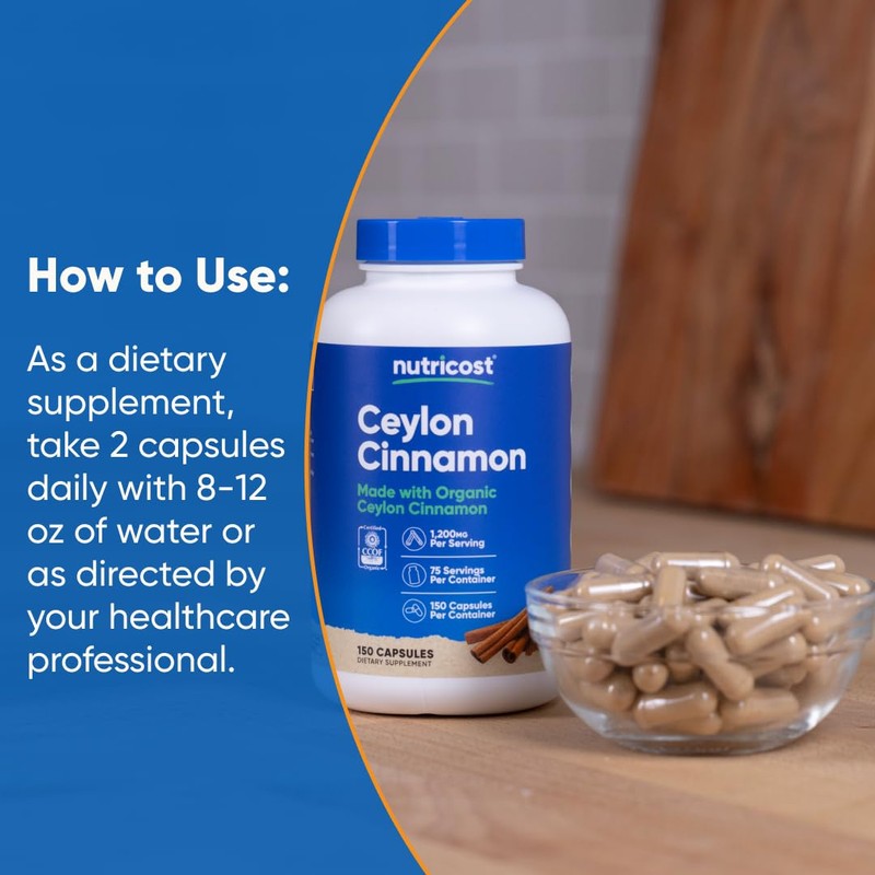 Nutricost Organic Cinnamon (Ceylon Cinnamon) 1,200mg Serving, 150 Capsules -