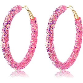 Cute Glitter Sequin Hoop Earrings Gold Plated Round Delicate Rhinestone Pendant Earrings Bling Bling Personality Earrings Boho Chic Jewelry (pink)