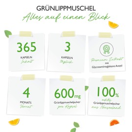 Grünlippmuschel - 365 Kapseln mit je 600 mg - Premium: Mit Glycosaminoglykane - Hochdosiertes Grünlippmuschelextrakt - 100% Grünlippmuschelpulver aus Neuseeland ohne Zusätze - Laborgeprüft