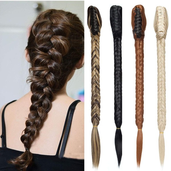 Rich Choices 21 Inches Synthetic Long Fishtail Braid Ponytail Hair Extensions Clip On In Braiding Ponytail Fishtail Plait Hairpiece With a Claw/Jaw Clip Natural Cute For Women 160g(#4A Medium Brown)