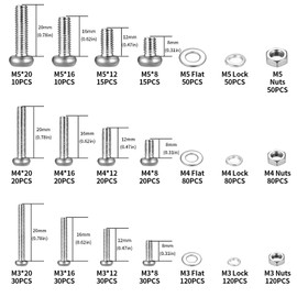 Pack of 1000 M3 M4 M5 Screws Set, Round Head Screws Nuts Set, Pan Head Screws and Nuts and Washers Set, Stainless Steel Machine Screws Assortment, Phillips Screws with Nuts