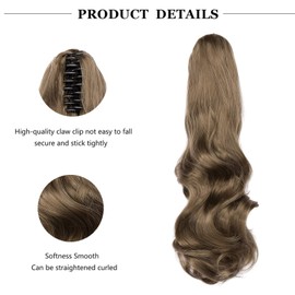 Cybelleza Ponytail Extension Curly Wavy Claw Jaw Pony Tail One Piece Clip in Hair Extensions Hairpiece Synthetic Long Natural for Women (Chestnut Brown&Bleach Blonde)