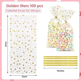 LEOSINDA Cellophane Treat Bags,Clear Cellophane Bags,4 X 9 Inches Treat Bags,100 Twist Ties,for Gift Wrapping,Packaging Candies,Dessert,Bakery, Cookies, Chocolate,Party Favor, Gold Star Printed