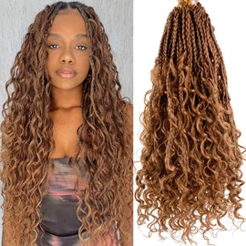 8 Packs Goddess Box Braids Crochet Hair 16 Inch Light Brown Boho Crochet Braids With Curly Ends Pre-Looped Bohemian Box Braids Crochet Hair For Women(8 Packs, 30#)