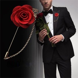 Rose Flower Pin Brooch for Men Long Chain Fringe Lapel Pin Fabric Boutonniere Pins Enhance Image Dress Accessories Groomsman Wedding Suit Accessories (Red)