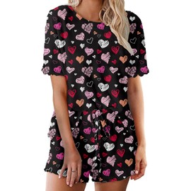 Women's Ruffle Short Sleeve Tops and Shorts Valentiens Day Red Heart Pajamas Sets SBCOH XL